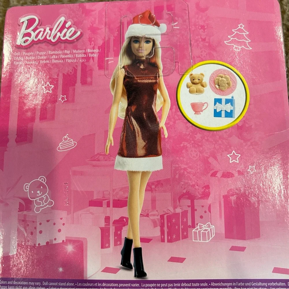 NEW in package Barbie Santa doll with present, bear, milk and plate of cookies